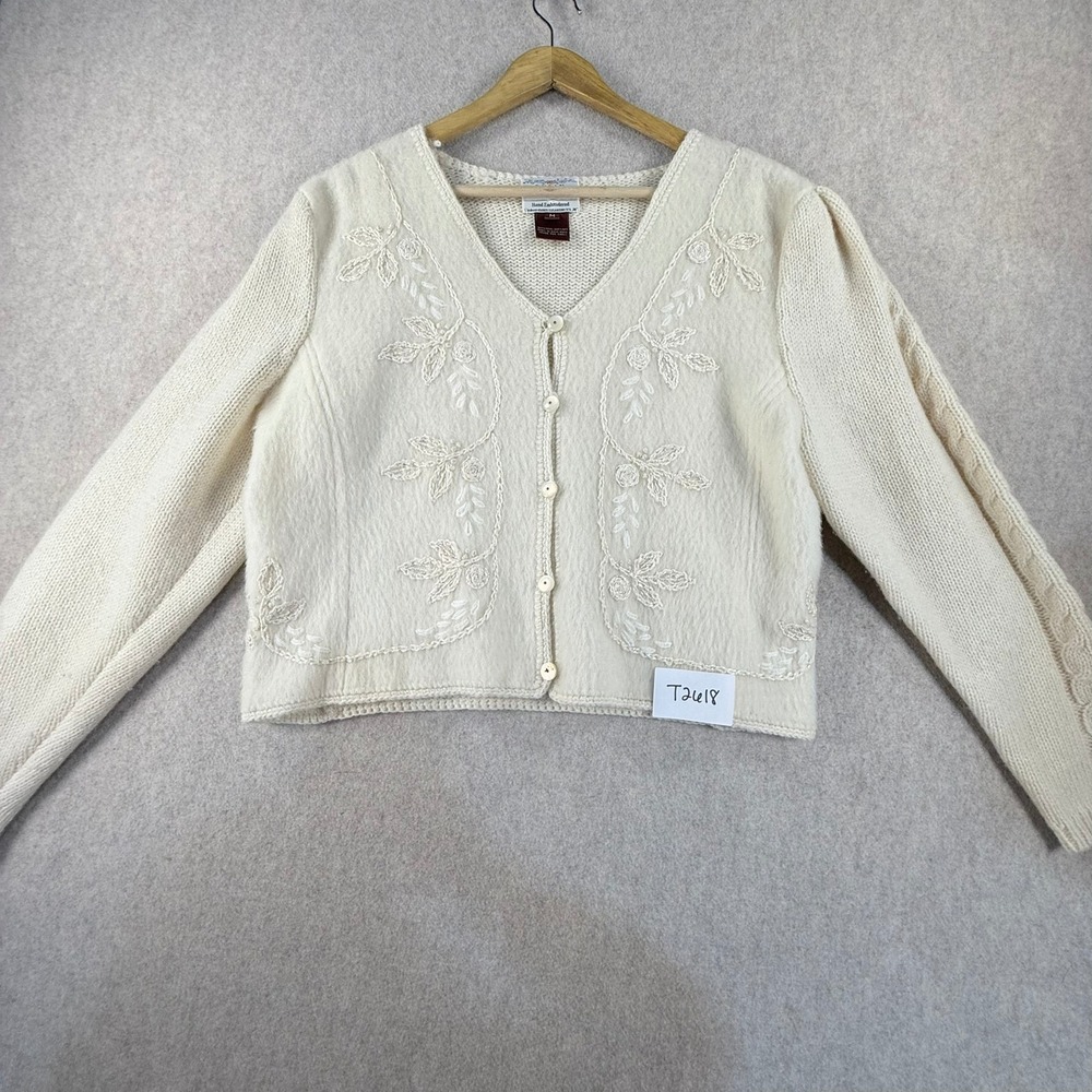 Vintage Susan Bristol Wool Hand Embroidered Cardigan Sweater Cream Womens Medium